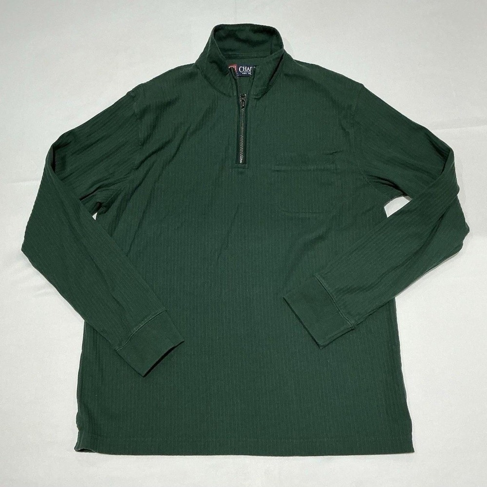 Chaps Sweater Mens Large Green Ribbed Mock Neck 1/4 Zip Preppy Cotton Pullover
